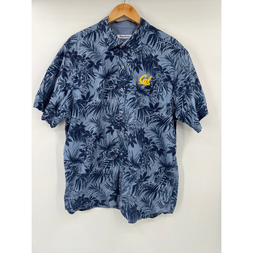 Tommy Bahama Cal Berkeley Pima Cotton Tropical Palm Print Shirt Mens XL Blue